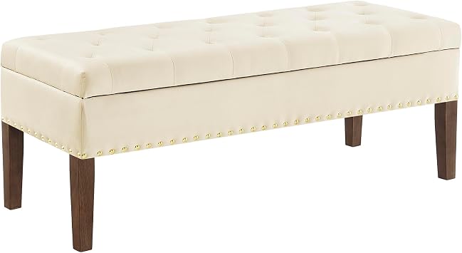 Tufted Velvet Storage Bench Ottoman with Nailhead Trim, Lift Top Bedroom Seating, Upholstered End Bed Entryway Accent, Wooden Legs, Safety Hinge Compartment, Hallway Living Room Furniture Cream