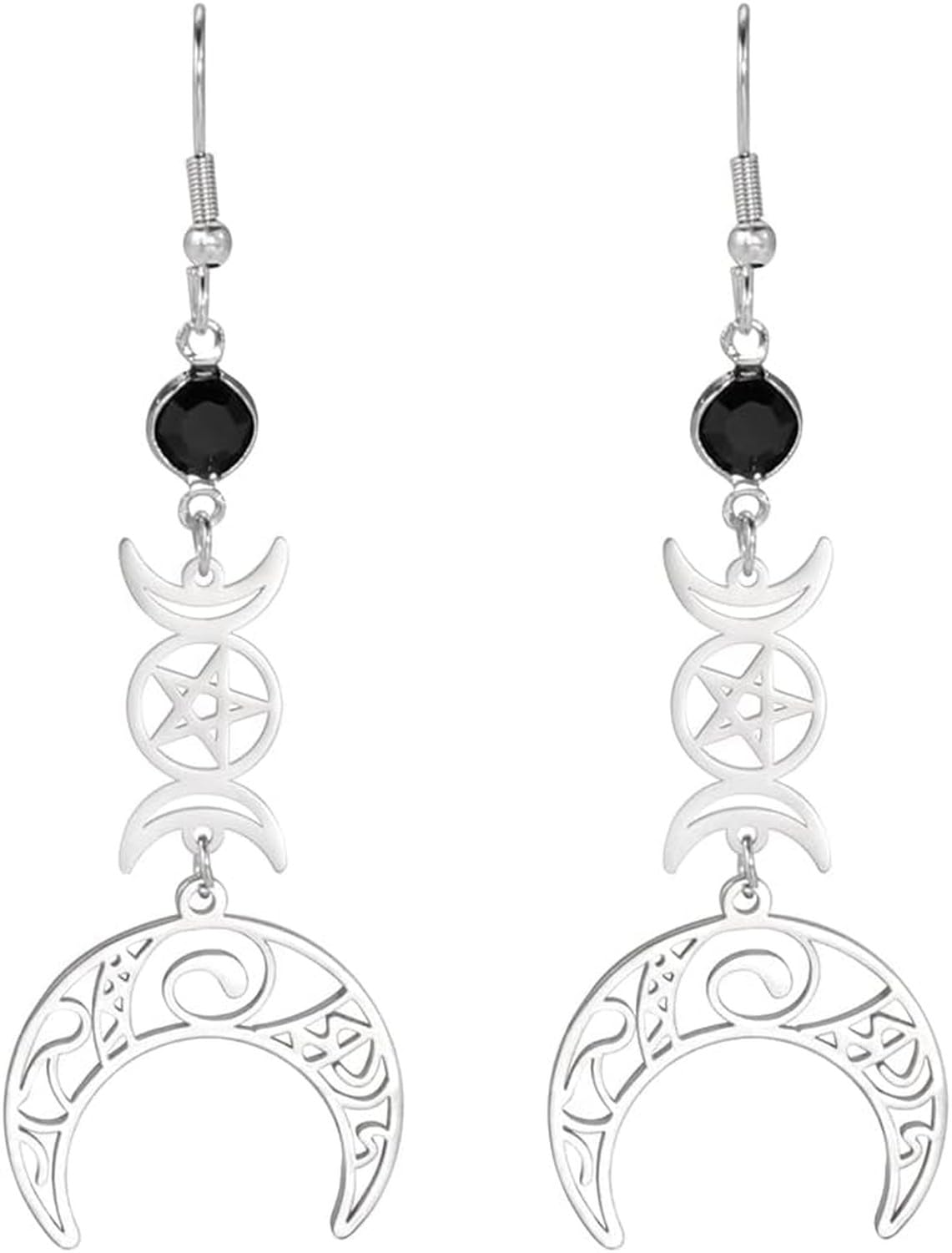 Faozhuo Triple Moon Goddess Pendant Earrings Stainless Steel Pentagram Amulet Pagan Wiccan Magic Jewelry for Women, Silver Triple Moon Goddess Earrings