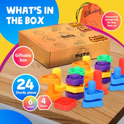 Skoolzy 24-Piece Nuts and Bolts - Montessori Motor Skill Set for 18 Month+ Kids with eBook