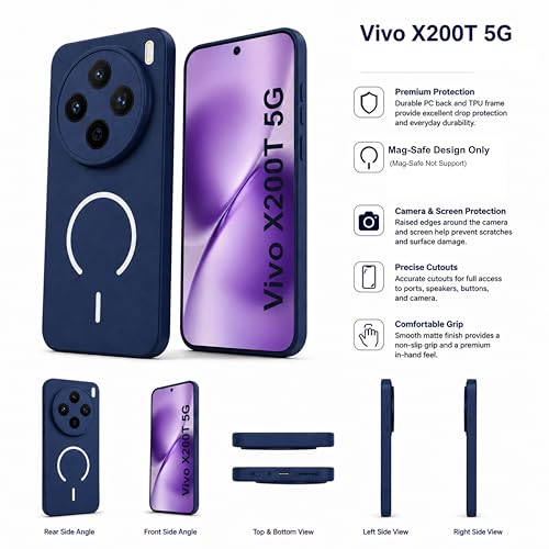Image of SBMS Silicone Back Cover Case for Vivo X200T 5G | Soft Micro-Fibre Lining Inside | Magsafe Print On Back Side Camera Protection Bump | Shockproof Case for Vivo X200T 5G (Blue)