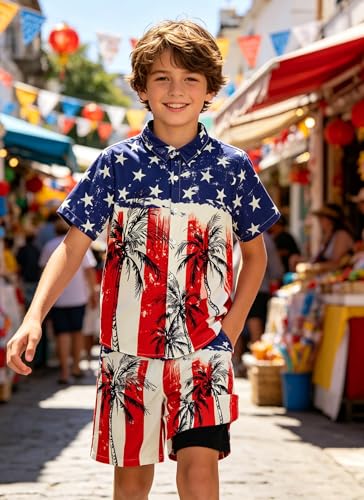 Image of UNICOMIDEA Boys 4th of July Outfits Kids Patriotic Independence Day Tropical Short Sets for 5-12 Years