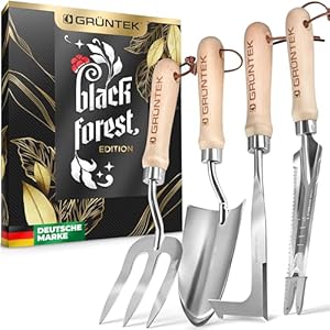 GRÜNTEK 4-TLG Gartenwerkzeug-Set, Premium Gartengeräte, besonders Stabiler Edelstahl, Rutschfester Eschenholz Griff, Garten-Kelle, Gabel, Multi-Unkrautjäter, Fugenstecher, Garten Werkzeug Satz