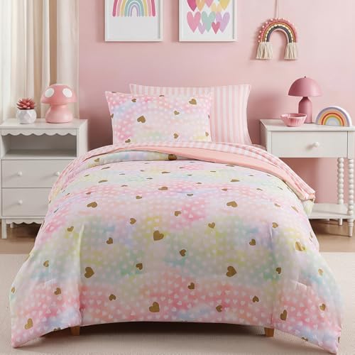 Image of BLOOMHAVEN Twin XL Comforter Set for Girls, 5 Pieces Pink Bedding Set with Colorful Gold Heart, All Seasons Kids Twin Comforter Set with Sheets, Pillowcase & Sham