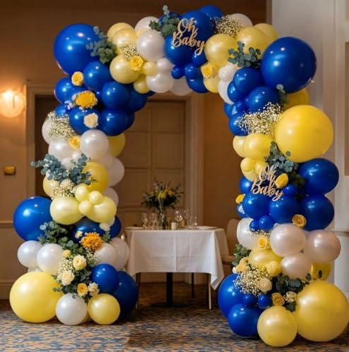 Image of Blue Yellow Balloons Garland Double Stuffed Pearl Yellow White Royal Blue Balloon Arch Kit for Wedding Bridal Baby Shower Lemon Birthday Party Decoration