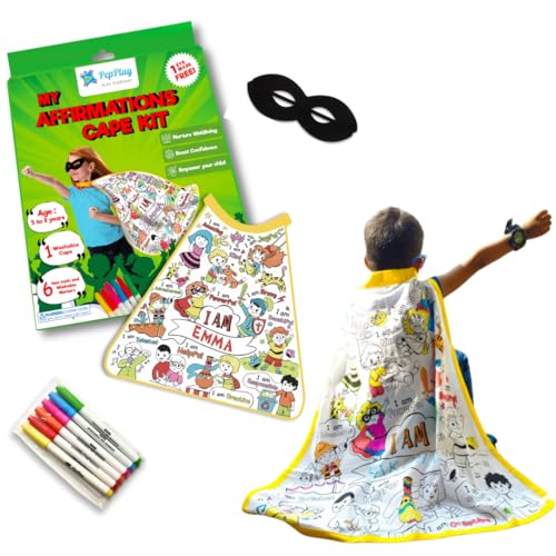 Image of PepPlay Cotton My Affirmation Cape Coloring Kit,With 6 Smudge-Free Washable Markers,Customised Birthday Gift For Kids Ages 5-8,Pretend Play For Boys And Girls,Personalised And Reusable Diy