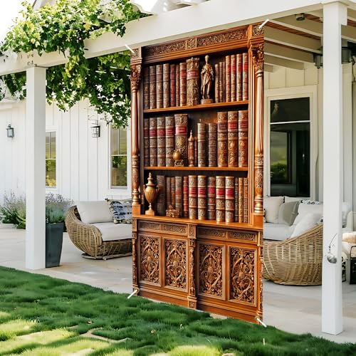 Image of Vintage Library Bookshelf Door Cover, Antique Books Faux Bookcase Door Decorations, Polyester Dark Academia Door Banner Indoor Outdoor 35.43 x 70.87 Inch