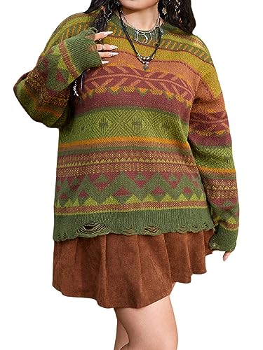 Image of Verdusa Women's Plus Size Graphic Print Drop Shoulder Distressed Sweater Pullover Top Green Brown 3XL