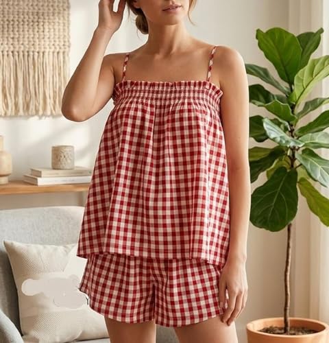 Image of SOOKABEILA Women 2 Piece Lounge Set Sleeveless Striped Cami Peplum Top Boxer Shorts Loose Ruffle Matching Pj Sets Outfits