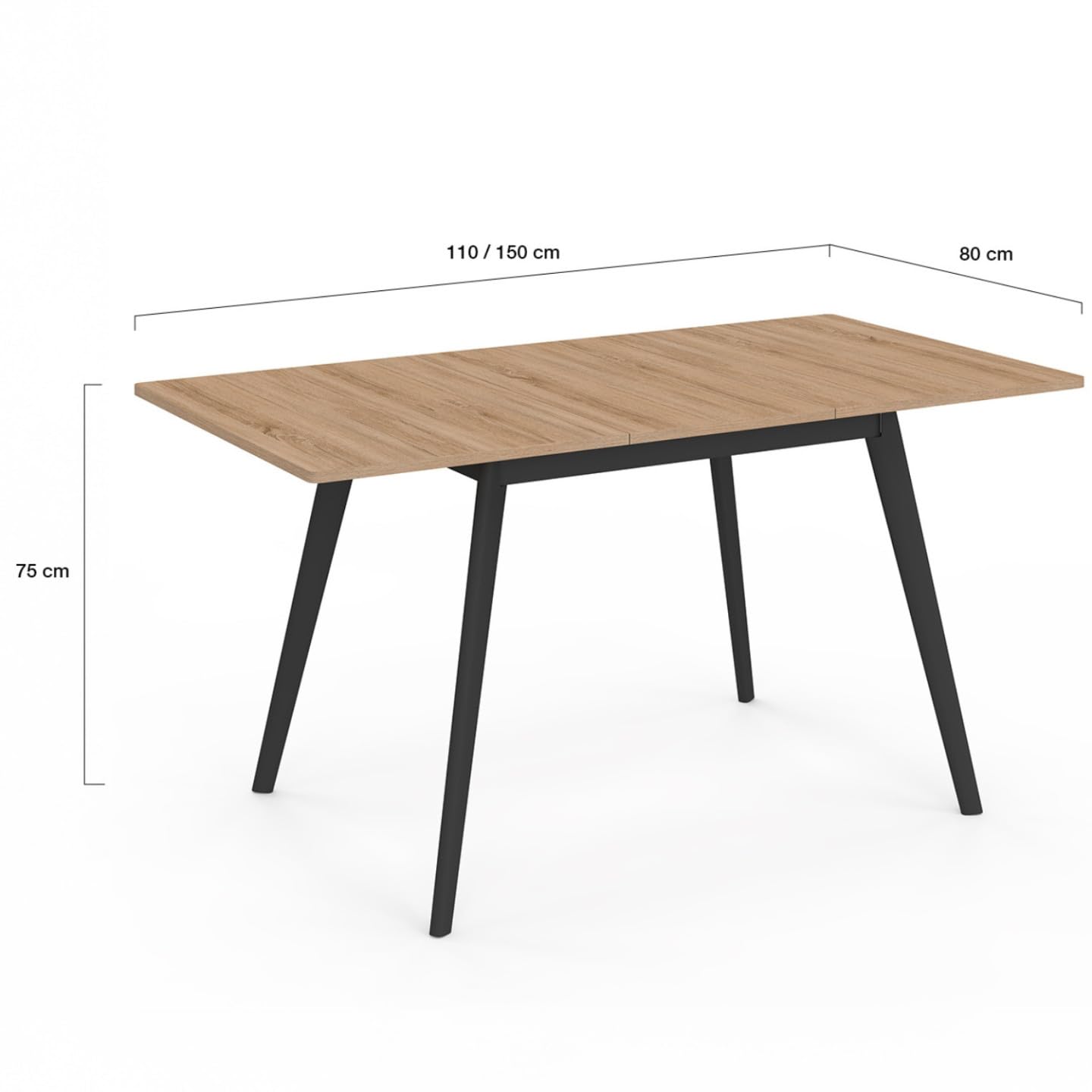 IDMarket – Mesa escandinava extensible rectangular Inga 4-8 personas, bandeja madera, patas negras, 120-160 cm