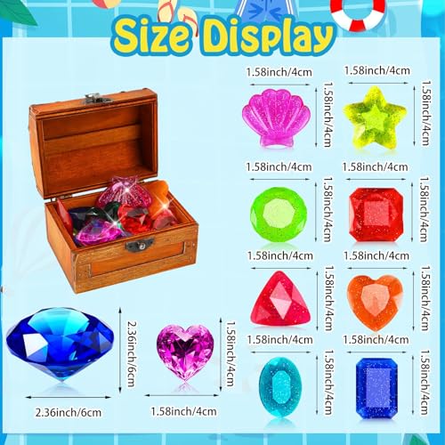 Image of MARFOREVER 16 Pcs Diving Gems Pool Toys Pirate Treasure Chest Gemstones Kid | 2x60 MM Diamond and 14 Colorful Diamond, Swimming Dive Throw Toys, Summer Underwater Swim Training Gifts Games for Boys Girls