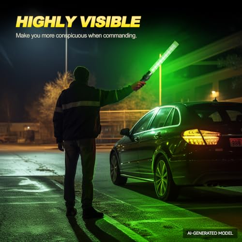 Image of E-riding 2 Pack Traffic Wand, 21 Inch Traffic Control Wand with 3 Flashing Modes & Side Clip, LED Safety Baton for Traffic Control, Parking, Aircraft, Car Directing (Green)