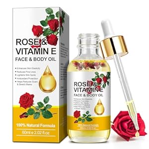 Rose Vitamin E Face & Body Oil – 100% Natural Moisturize Reduce Wrinkles Diminish Scars and Stretch Marks Enhances Skin Elasticity Rose Vitamin E Oil Organic for Face Body Massage Oil