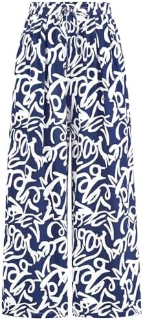 PRETTYGARDEN Womens Pants Elastic Waist Floral Lightweight Palazzo Pants for Women Casual Lounge Wide Leg Pants Woman