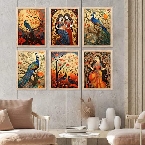 Image of kotart Premium Digital Madhubani Art Paintings with Frame for Home Decor - Framed Painting for Living Room Bedroom Office Room Decor - Painting for Wall Decoration - Pack of 6 (F)