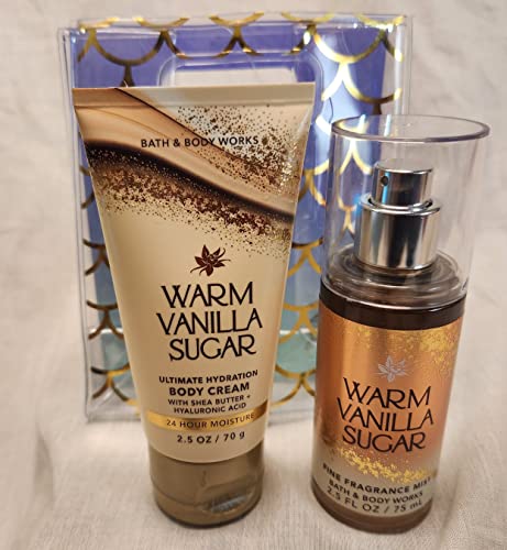 Bath and Body Travel Size Body Care Gift Set - WARM VANILLA SUGAR - 3 pc Bundle - Fine Fragrance Mist - Body Cream and Random Color Gift Bag - Gift for Women Mother's Day Valentine's Day or Birthday