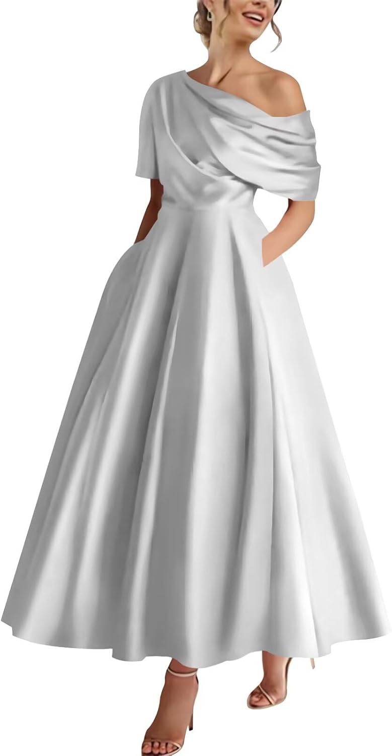 Satin Tea Length Mother of The Bride Dresses One Shoulder A Line Bridesmaid Dress