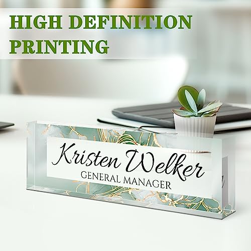 Image of Name Plate for Desk, Desk Name Plate Personalized, Office Decor for Women Men, Acrylic Desktop Accessories, Office Appreciation Gifts for Boss Social Workers Nurse Teacher Employee (Green /Gold)