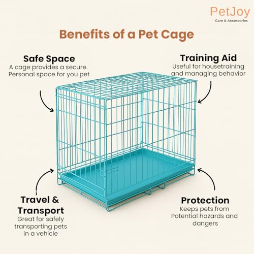 Image of PETJOY Foldable Metal Dog Cage | 36 Inch Dog Crate Kennel for Puppies, Large Dogs, Cats & Rabbits | Double Door with Secure Lock, Removable Leak-Proof Tray | Portable & Easy to Clean Pet Cage (Blue)