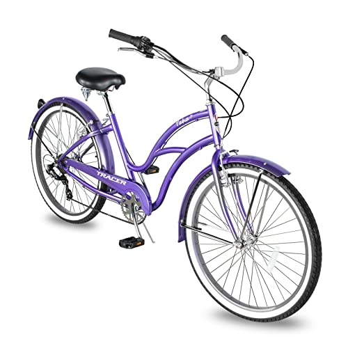 TRACER TAHA Beach Cruiser Bike for Women,26 Inch Wheels,Hi Ten Steel Frame,Shimano 7 Speed,Disc Brake,Hybrid Bike for Adults,Complete Cruiser Bikes,Purple