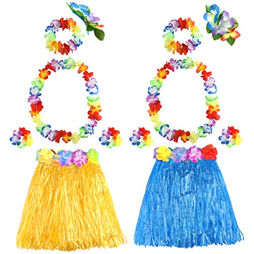 FEPITO 2 Conjunto Falda Hula de hierba hawaiana con flor Leis Collar Diadema Pulseras Vestido de traje Conjunto para Mujer Luau Falda de danza hawaiana Favores de fiesta