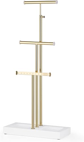 Love-KANKEI Jewelry Organizer Hanging with Metal and Wood Base, Necklace Holder with 3 Tier Tree Jewelry holder stand for Bracelets Earrings Rings,Height Adjustable Gift White and Gold
