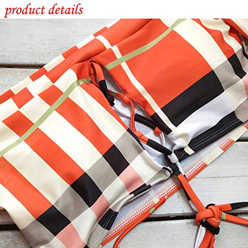 Women Floral Long Sleeve Tie Side 2-Pieces Swimsuit Bathing Suit Swimwear (Red Plaid, XL)