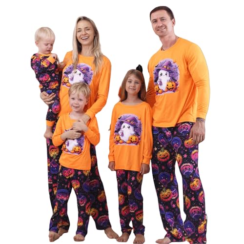 Family Halloween Pajamas Set, Halloween Spooky Season Print Long Sleeve Tops Pjs Sets 2 Pieces Loungewear Sleepwear Adult