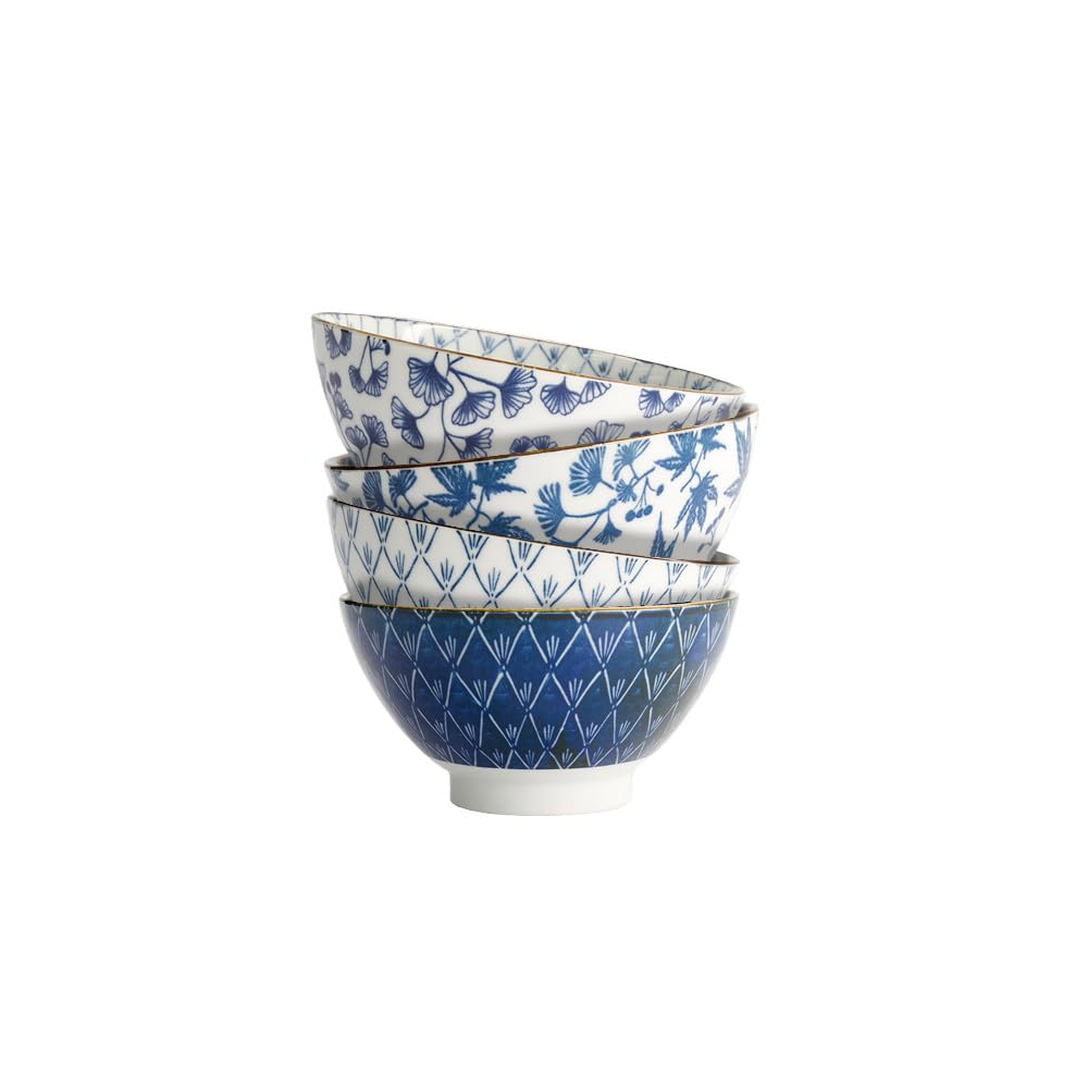 Flora Japonica 4-er Schalen-Set Blau-Weiß, japanische Müslischalen & Suppenschalen von TOKYO Design, Ø 18 cm, 1000 ml, asiatisches Porzellan, japanisches Design, Schalen für Frühstück & Dessert