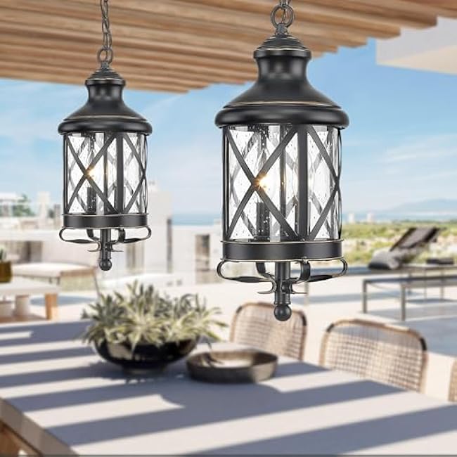 ALLGOT Outdoor Pendant Light for Porch,17.5 Inch Tall Farmhouse Pendant Lights, Outdoor Hanging Lanterns, Anti-Rust Exterior Hanging Porch Lights, Waterproof Ceiling Lanterns with Seeded Glass(Black)
