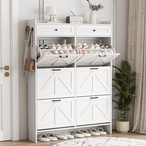 Image of Shoe Cabinet with 6 Flip Drawers & 2 Top Drawers, 57 inch Tall Freestanding Narrow Wooden Shoe Storage Organizer for Entryway, Hidden Slim Shoe Rack for Front Door Entrance, Hallway, Living Room, White
