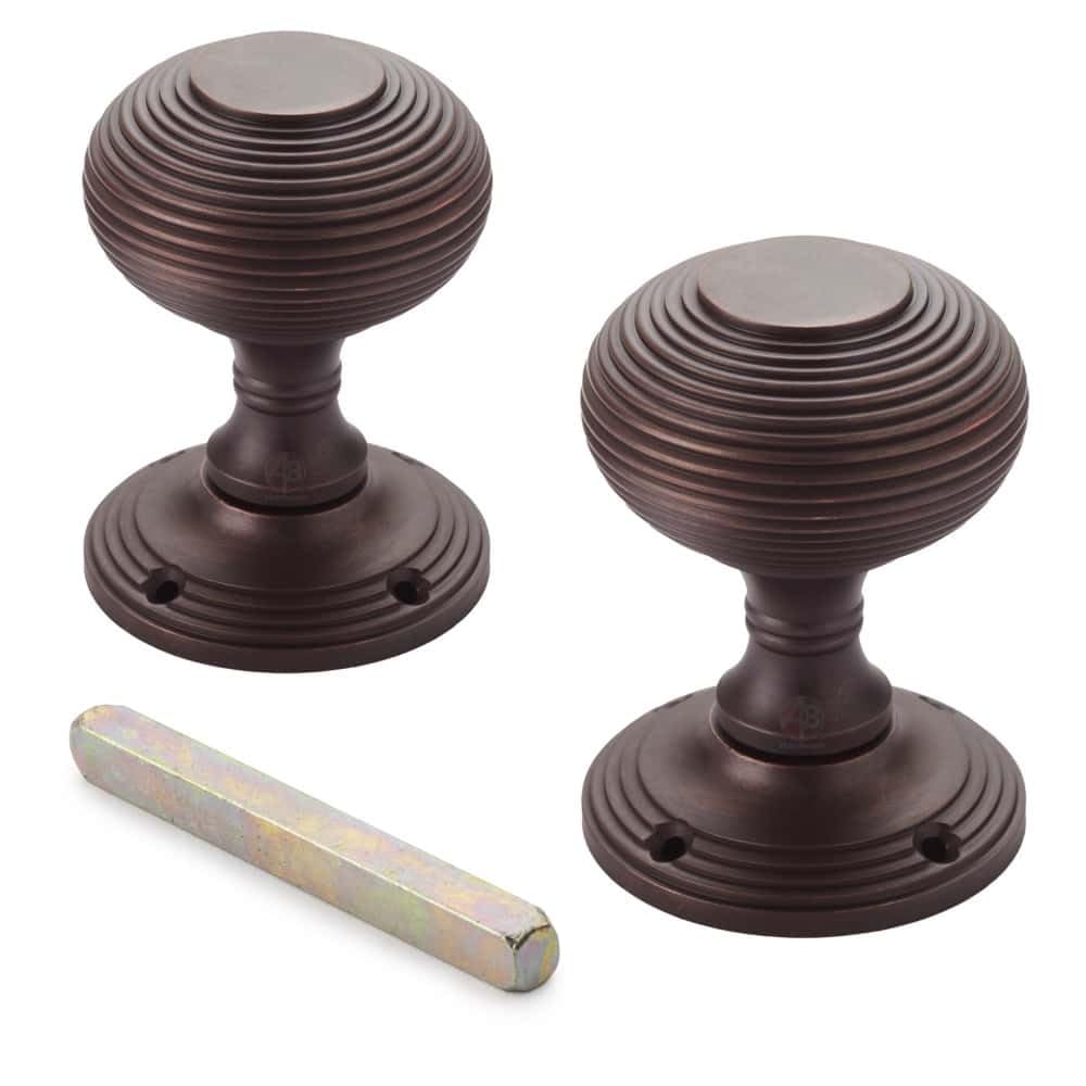 Aged Bronze Beehive Mortice Door Knobs Pair – Solid Brass Victorian Style Sprung Door Handles with Backplates – 55mm Traditional Interior Door Hardware