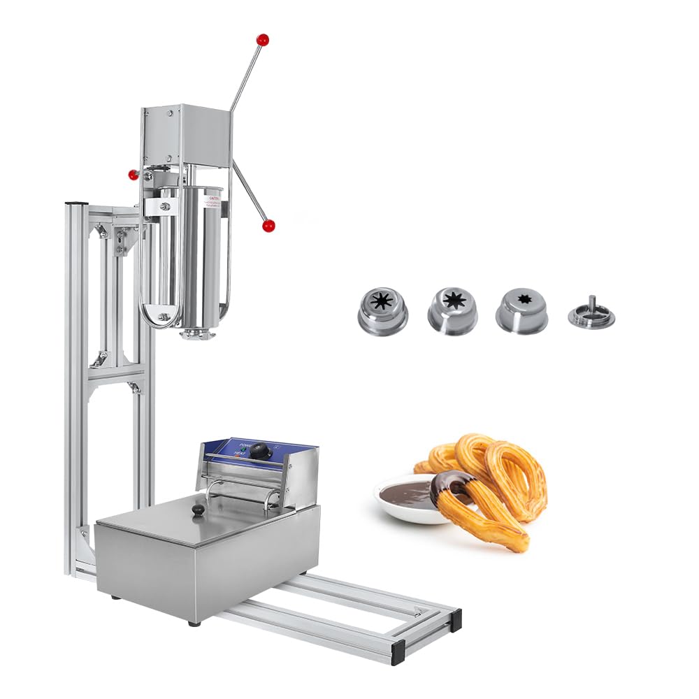 5L Vertical Spanish Churros Maker, Heavy Duty Manual Churros Machine With 6L Electric Fryer, 4Pcs Nozzles, Vertical Spanish Churrera Machine (mit Fritteuse)