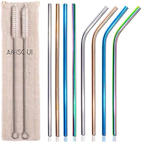 Set of 8 Reusable Metal Straws and Cleaner, 8.5'' Coloured Stainless Steel Straws Reusable, (4 Straight + 4 Bent + 2 Brushes Reusable Straws Drinking) by AniSqui Cover