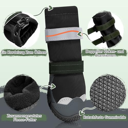 SlowTon Hundeschuhe - Wasserfeste Hundestiefel für den Winter, warme Hundeschneestiefel mit Rutschfester Gummisohle und reflektierenden Streifen für kleine bis große Hunde zum Gehen auf Schnee