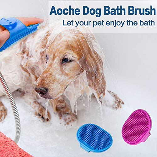 Dog Bath Brush, Aoche Pet Bath Comb Brush Soothing Massage Rubber Comb 2pcs with Adjustable Ring Handle for Long Short Haired Dogs and Cats (bule+rose)