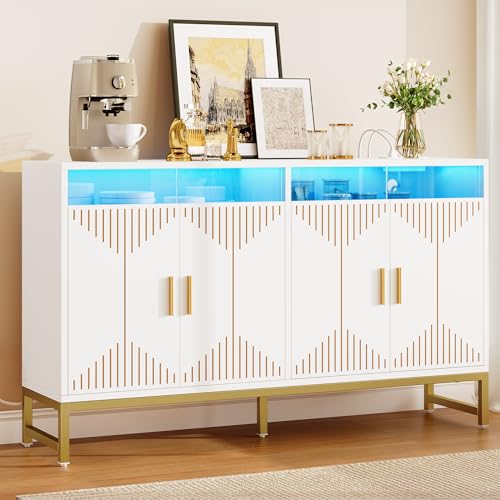 DWVO Modern Kitchen Storage Cabinet with Power Outlet and LED Light, 55" Sideboard Buffet Cabinet with Storage for Living Room, Kitchen, Hallway, White/Gold
