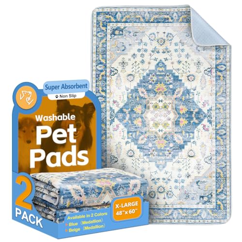 Image of Washable Pee Pads for Dogs, 2 Pack Reusable Puppy Training Pads 60 inchx48 inch Super Absorbent Waterproof Dog Training Pads, Non-Slip Potty Pads, Whelping Pads Litter Mat Blue Medallion