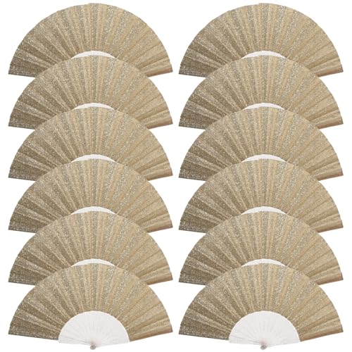 12 Pack Handheld Fan,Folding Hand Glitter Fan with Shining Transparent Fan Rib – Ideal for Wedding, Church, Festival, Dance, Tea Party, Club, and EDM Accessories, Light Gold