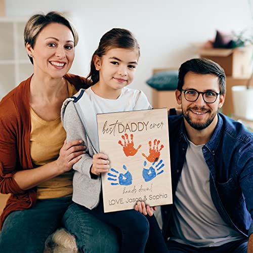 Best Daddy Ever Hands Down Sign Personalized, 2 Optional Sizes, Customized Diy Handprint Wooden Sign, Best Dad Ever Engraved Wooden Plaque #TOP4