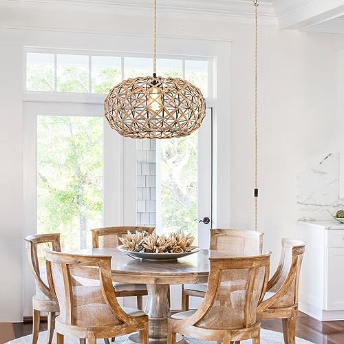 Coastal Large Woven Plug in Pendant Light with 14ft Handmade Woven Light Cord, Rustic Handmade Hemp Rope Hanging Lamp for Bedroom Kitchen Island Farmhouse Dining Room Living Room,17.8 inch Width - Image 3
