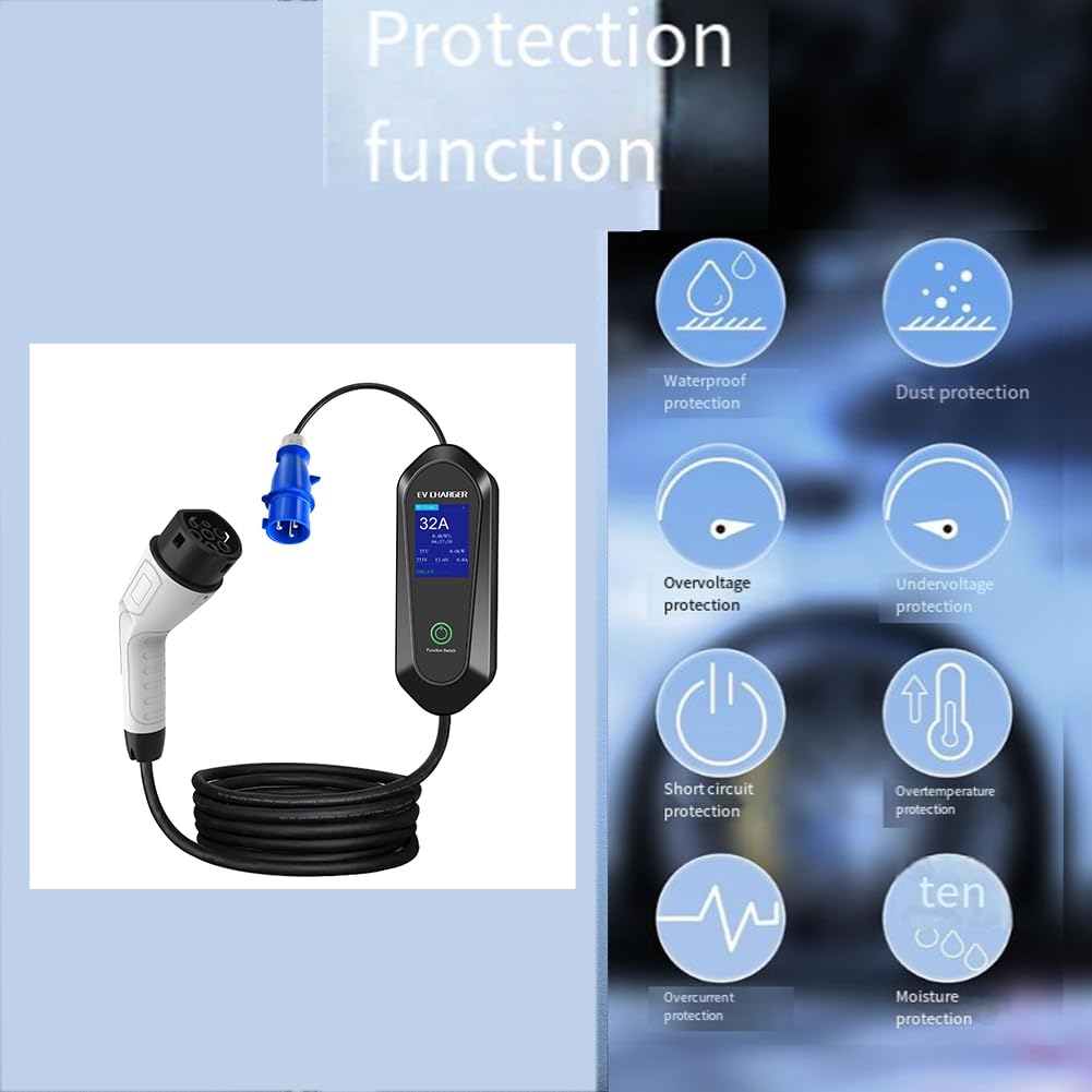 Cargador Portátil EV Monofásico de 7 KW y 32 A para Vehículos Eléctricos. Cable de Carga Rápida EVSE. Compatible con para WiFi y Aplicación. Control Bluetooth.
