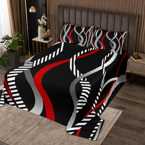Manfei Geometric Stripe Bedspread King Size, Red Grey White Wavy Stripe Coverlet Set 3pcs, Abstract Geometry Quilted Coverlet with 2 Pillowcases, Kids Girls Room Decor, Soft Bedding Quilt