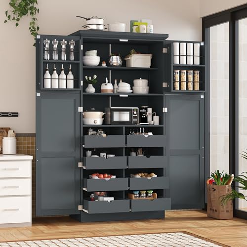 Image of Ball & Cast 71″Tall Kitchen Pantry Cabinet with 8 Pull Out Trays & 4 Doors,Versatile Farmhouse Wood Pantry Storage Cabinet w /2 Doors Shelves and Adjustable Shelves for Kitchen,Dining Room,Gray