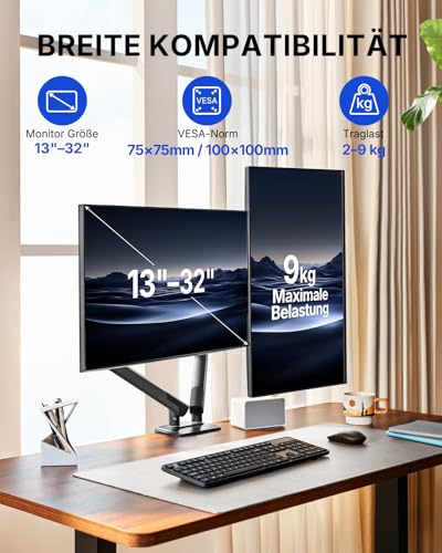HUANUO MonitorHalterung 2 Monitore für 13–32 Zoll, MechaSpring Bildschirmhalterung bis 9 kg… – Ansicht 2