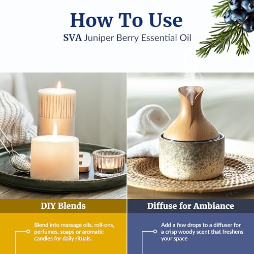 Image of SVA Juniper Berry Essential Oil 4 Fl Oz - for Diffuser, Skin & Hair Care - Ideal for Massage & DIY Blends - with Dropper