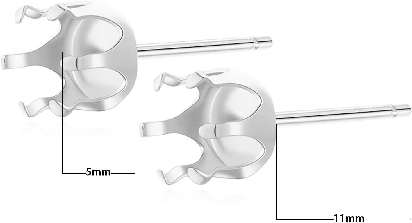 2 Pairs 925 Sterling Silver Claw 6 Prongs Stud Post Earring Base Blank fit 5mm Round Cabochon Mounting Setting Handmade Earring Wire for Women DIY Jewelry Making