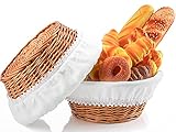 12 inch Rustic Brown Bread Basket, with Liner and Cover, Convenient for Mom and Wife, Unique Large Bread Serving Basket for Table, Upgrade Round Bread Basket for Serving, Natural Wicker