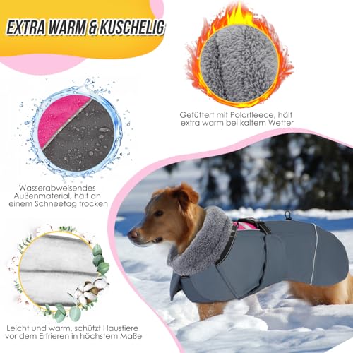 Eyein Hundemantel Winter für Große Hunde, Wasserdicht Hundejacke mit warmem Fleecefutter und Halsband, Winddichter Wintermantel Hund mit Bauchschutz und Verstellbarem Brustriemen, Rosa, XXL