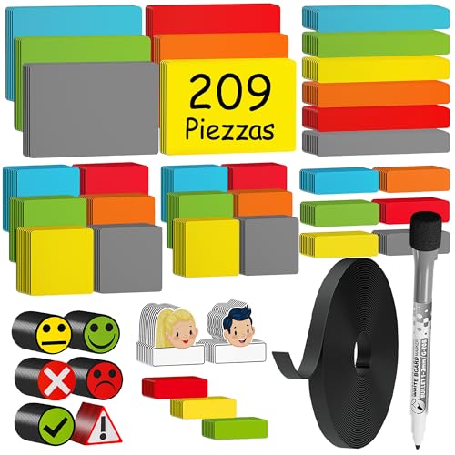ATWAM 209 Tiras Magnéticas Reescribibles - Set Mega de Accesorios - 5 Tamaños Diferentes - 6 Colores - Imán Reescribible - Scrum & Kanban - para Pizarras Magnéticas, Neveras