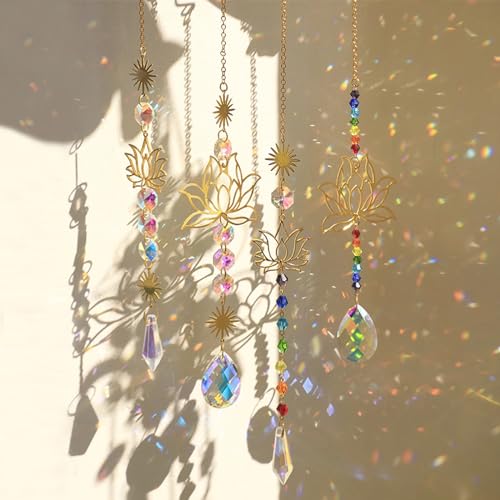 4 Pieces Crystal Suncatchers, Colorful Prism Hanging Sun Catchers with Chain Pendant Ornament, Hanging Crystal Sun Catcher Rainbow Maker for Window Home Wedding Party Garden Decor